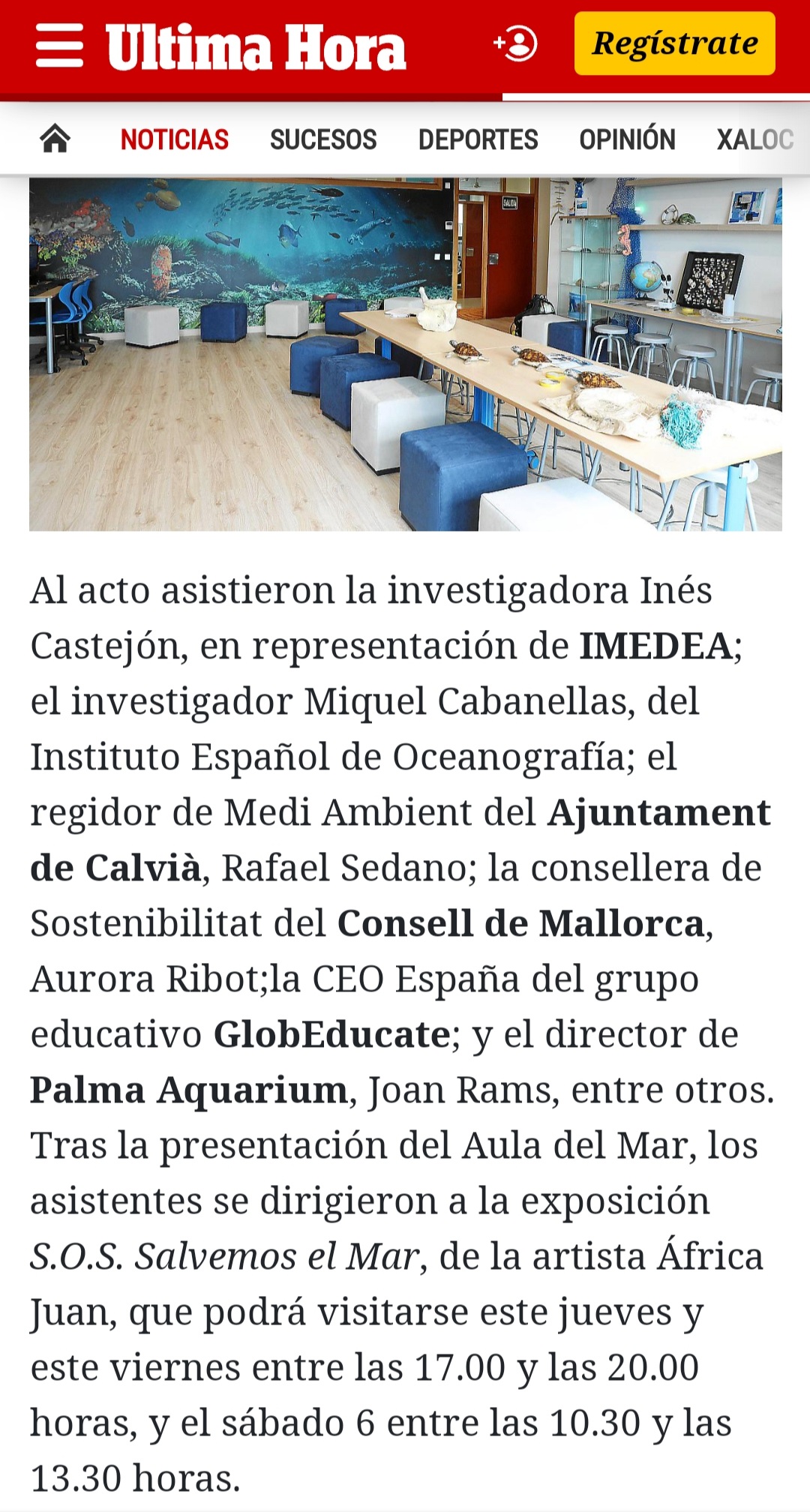 “S.O.S. Save the sea” África Juan Exhibition in Agora Portals ( Última Hora newspaper)